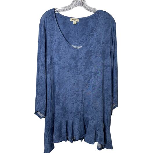 One World Live and Let Live 2X Blue Ruffle Hem Tunic Top Boho Peasant Blouse - Picture 1 of 9